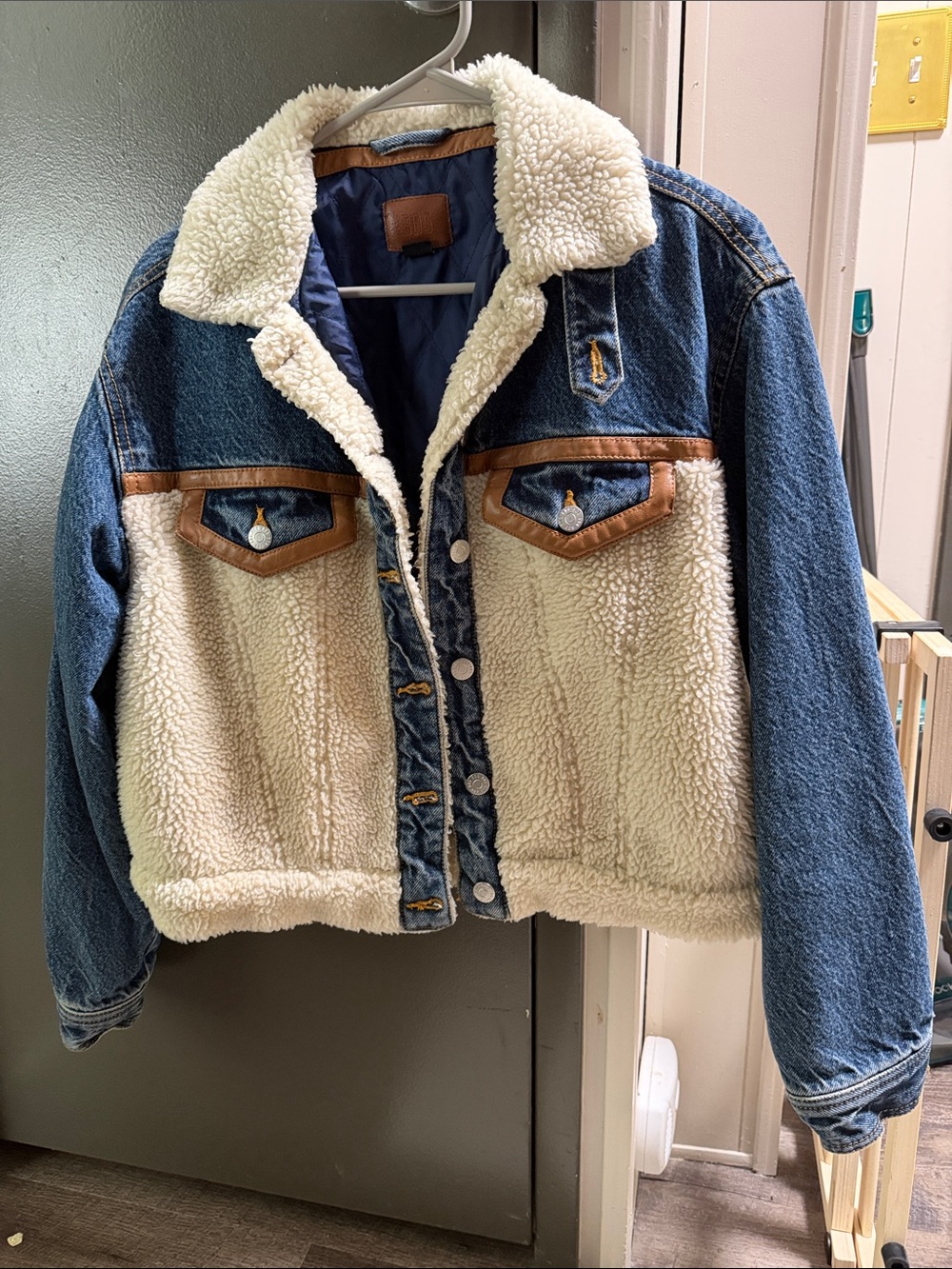 Bogs Blue Denim and Cream Sherpa-Lined Jean Jacket with Brown Trim